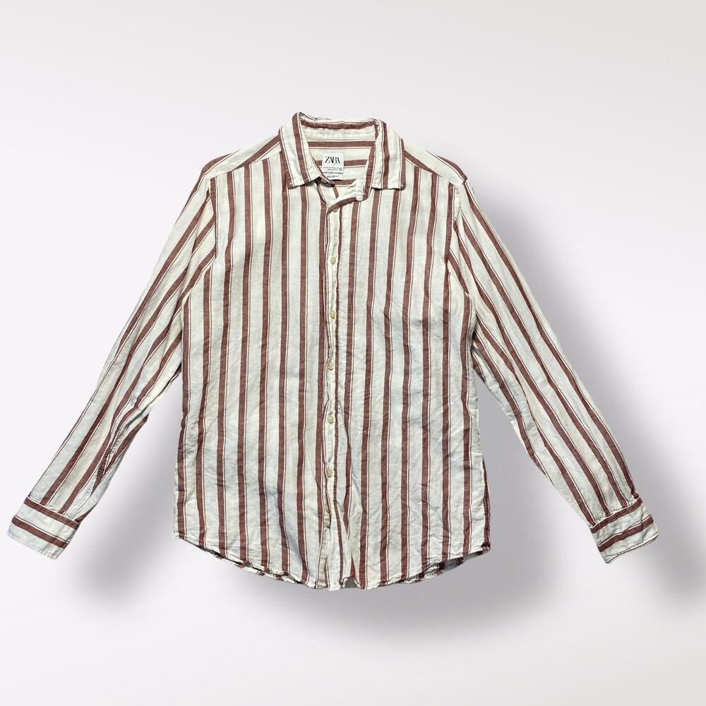 Zara Relaxed Fit Striped Long Sleeve Shirt Womens Size M Brown White